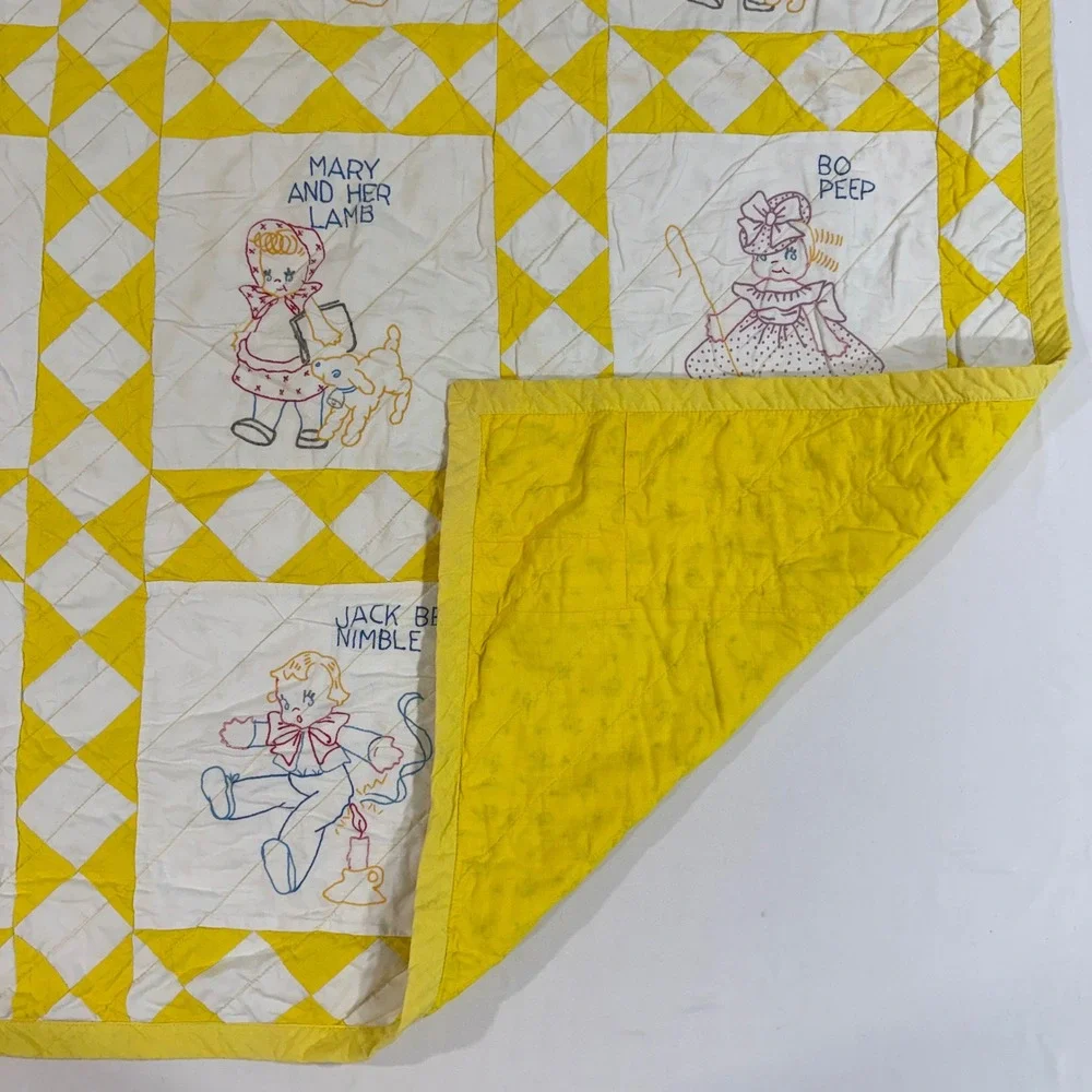 Vintage Nursery Rhyme Baby Quilt Yellow White Hand Painted Hand Made 40x51